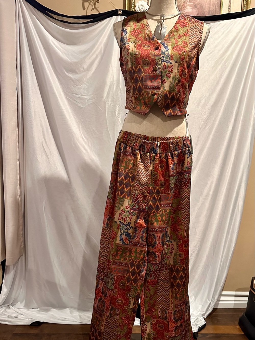 Boho Patchwork Maxi Skirt in Multi-Tone Red and Brown